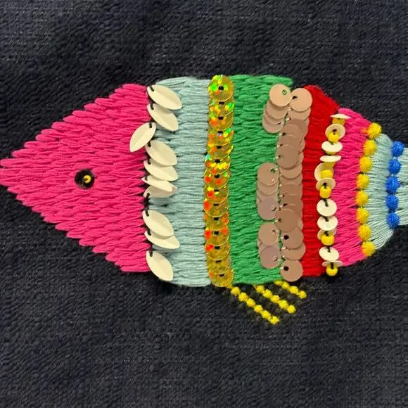 Talbots Petite Navy Twill Sequin Fish Embroidered Sheath Dress size 8 - Picture 7 of 9